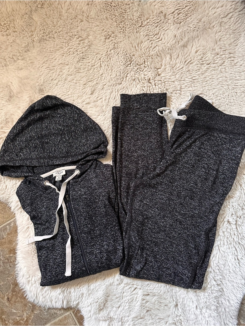 J. Crew dark gray marled zip-up hoodie with cream drawstrings